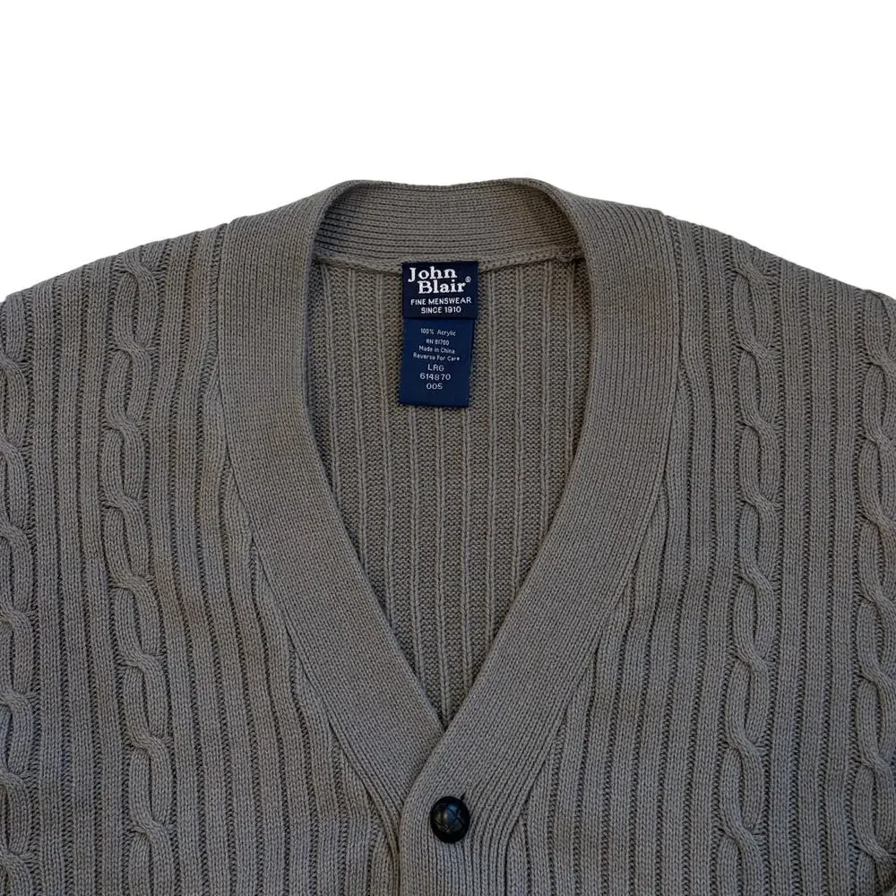 John Blair Sweater Mens Sz Large Gray Cardigan Cable Knit pockets Grandpa *READ*
